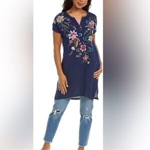 JOHNNY WAS Maisie Blue Linen w Multicolor Embroidery Easy Button Mini Dress M